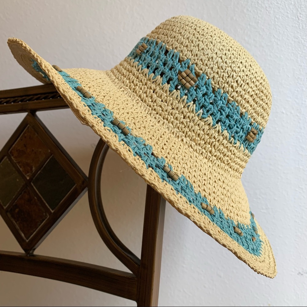 Boho wide brim round beach sun hat woven straw beads turquoise blue cream summer
